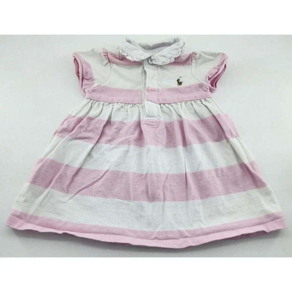 Ralph Lauren Baby Girl Short Sleeve Collared Polo Dress Pink/White Striped Sz 9M
